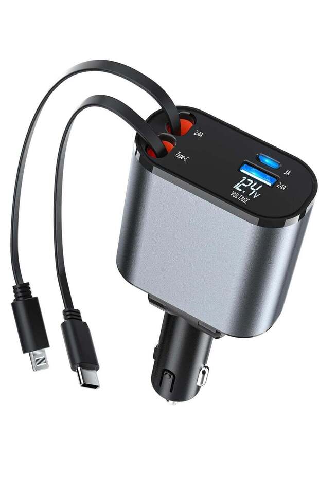 Car Charger with Retractable Type-C Cable – Quick Charge and Tangle-Free Design
