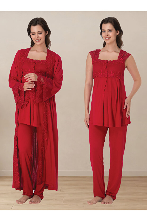 Breastfeeding Feature, Lace Detailed Dressing Gown, Maternity Pajama Set Effortt - Cherry