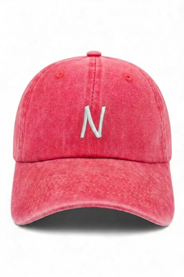 Red Embroidered Washable Vintage Unisex Hat with Letter N