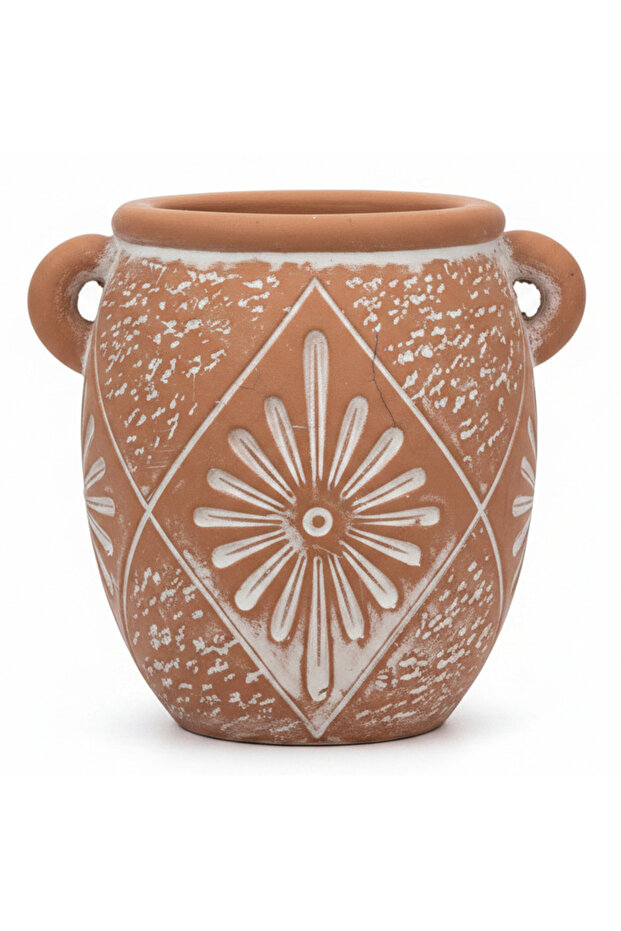 Clay Vase with Embossed Floral Diamond Pattern & Side Handles | Rustic Home Décor Accent | Table Centerpiece | 11 cm × 9 cm