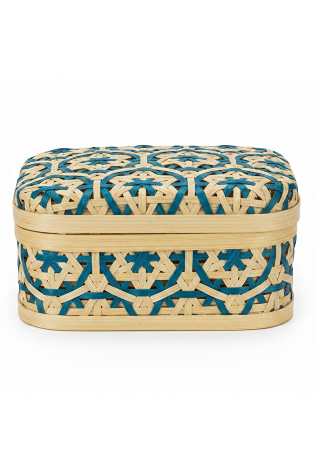 Handwoven Rectangle Bamboo Rattan Storage Box with Geometric Pattern | Decorative Organizer Box | 17×12×8 cm
