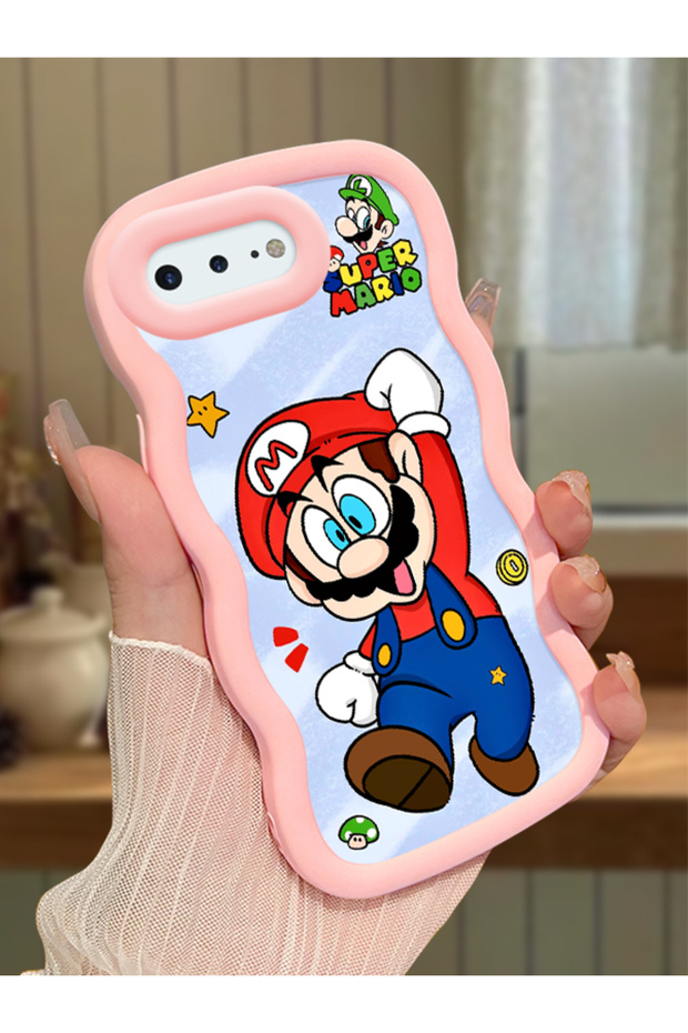 iPhone 8 Plus Compatible Case Camera Protector Pink Silicone Couple Phone Case Mario Pattern