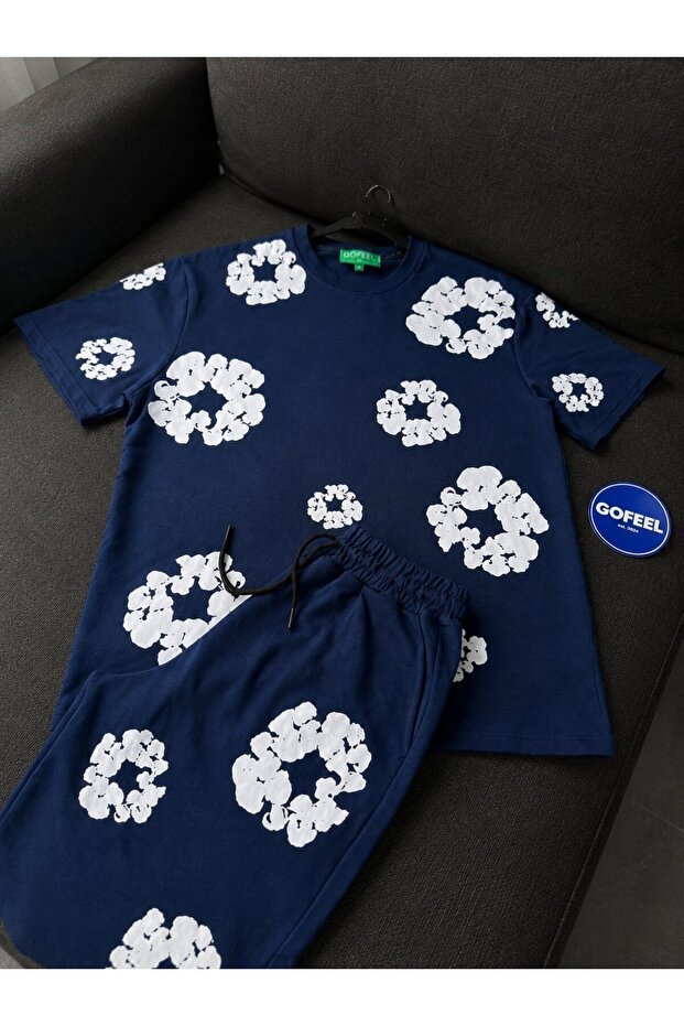 Floral Detailed Oversize Unisex Top and Bottom Set