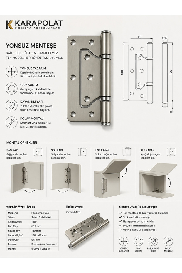 10 cm Non-Directional Door Hinge Satin Nickel Right Left Compatible 1 Piece