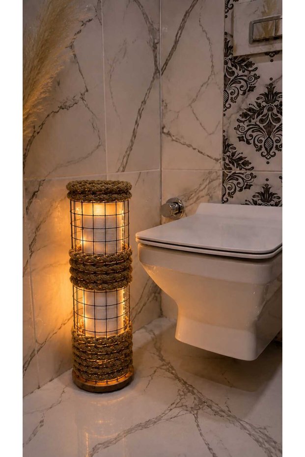 Wicker Weave Decorative Toilet Bathroom Organizer Basket Napkin Holder with Led Light