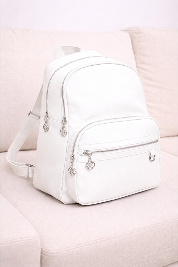 4-Compartment White Adjustable Strap Multi-Compartment Fabric Women's Backpack – Daily Use