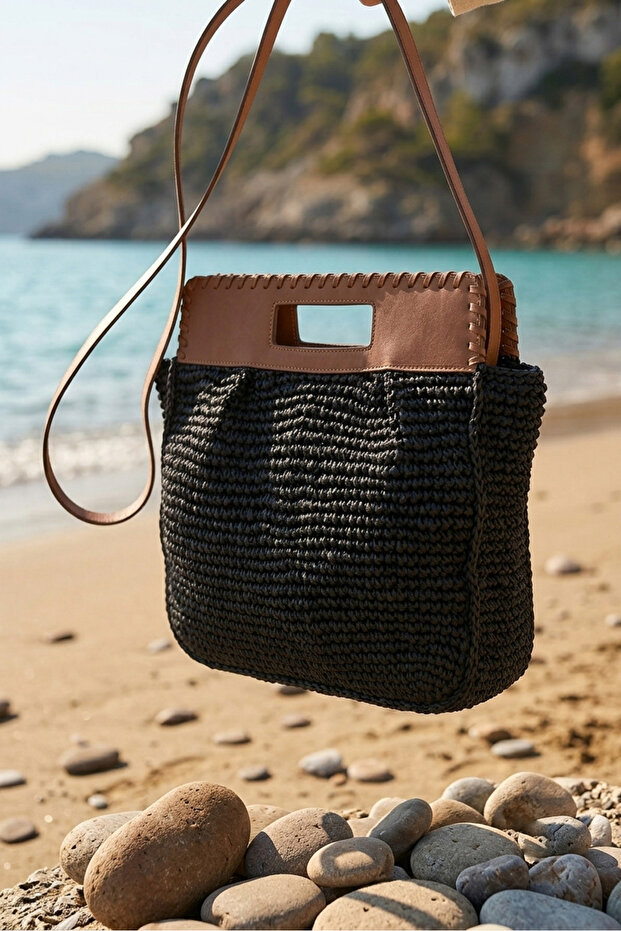 Leather Top Detailed Straw Bag - Black | Cnt2605-3
