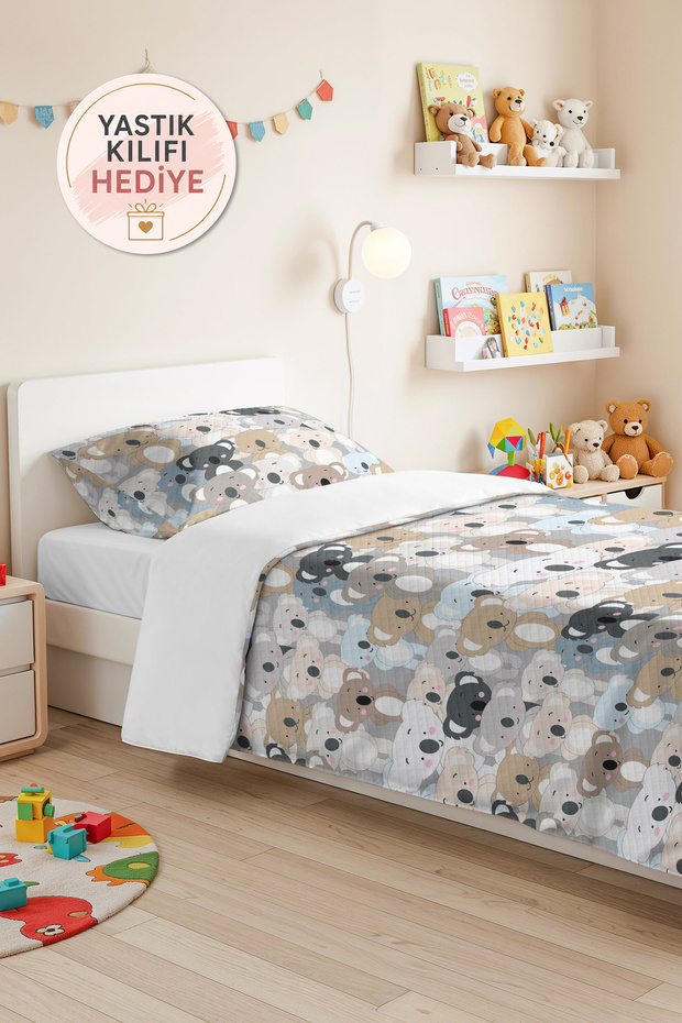 Colorful Koala Pastel Children's Room Pique Set - Beige 160X220 cm Bedspread with Cute Animal Pattern