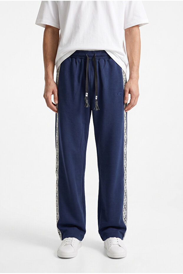 Men's Damask Stripe Detailed Winter Doubleface Baggy Sweatpants Navy Blue