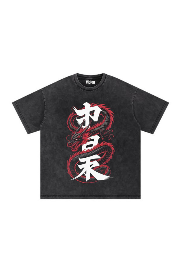 Black Washed Neo-Tokyo Dragon Printed Unisex Oversize T-Shirt