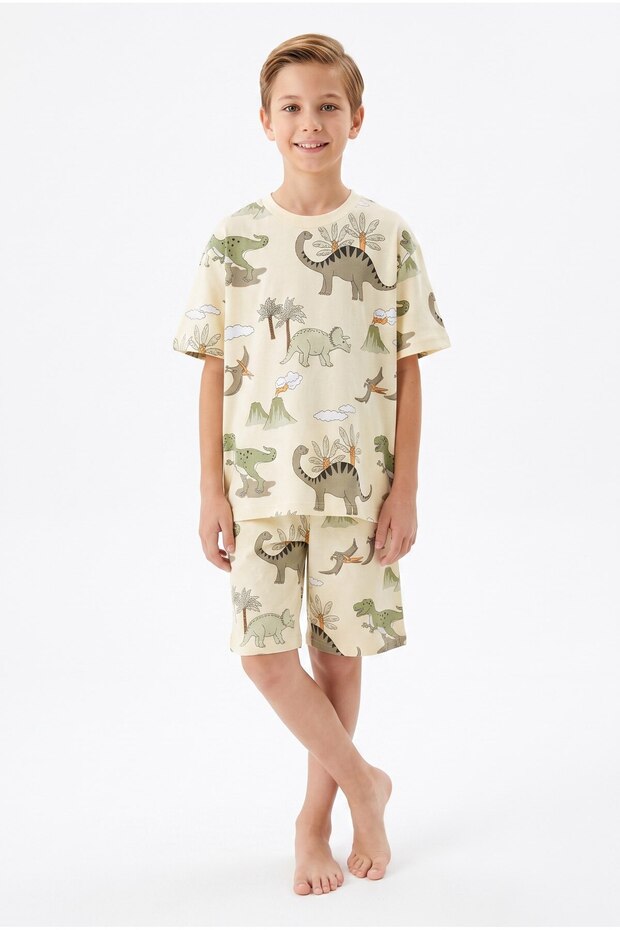 3-13 Years Old Boys' Dinosaur Patterned 100% Cotton Short Sleeve Shorts Pajama Set