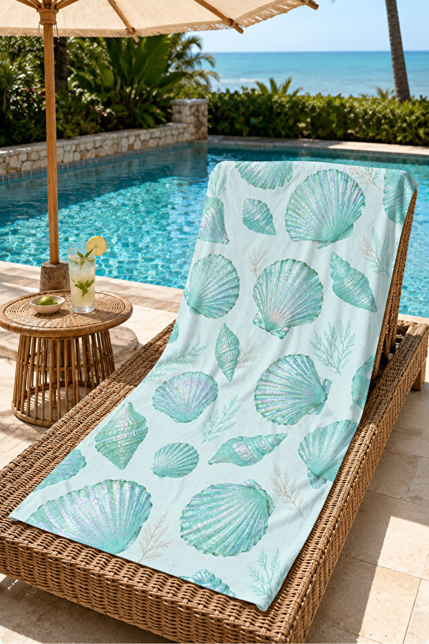 منشفة شاطئ بنمط بسيط من Mint Sea Shell مقاس 70x150، منشفة ناعمة الملمس لشاطئ البحر والعطلات