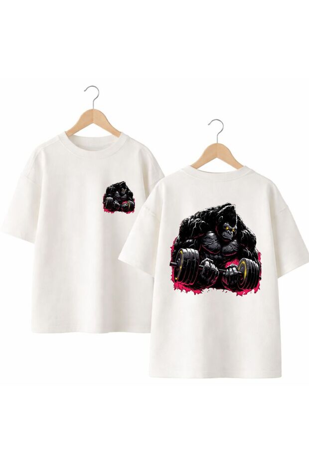 Orangutan Gym Back and Front Chest Printed 100% Cotton Oversize Loose Regular Fit Crew Neck T-Shirt