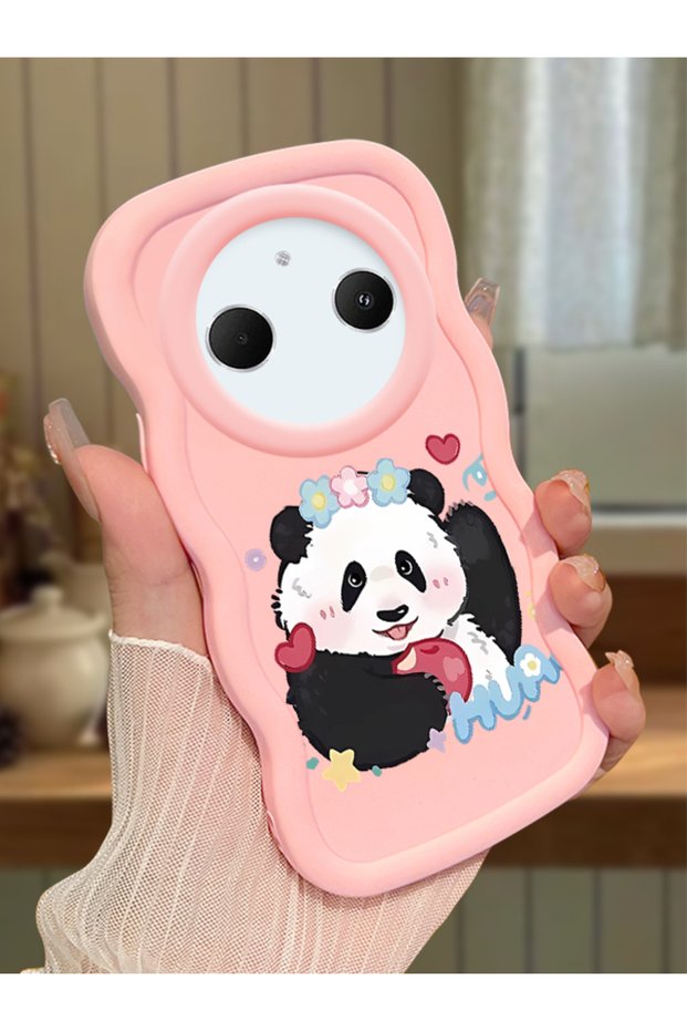 Redmi A3 Pro Compatible Case Camera Protector Pink Silicone Couple Phone Case Panda Pattern