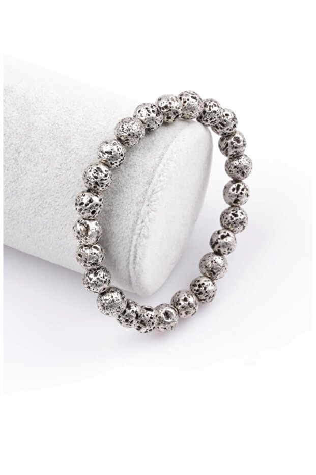 Lava Stone Silver Color Natural Stone Bracelet 8 mm Modern Interpretation of Natural Elegance
