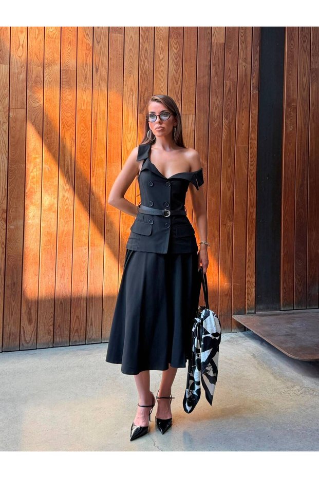 Premium Lined Vest Skirt Set with Belt Detail, Midi Length Stylish Set