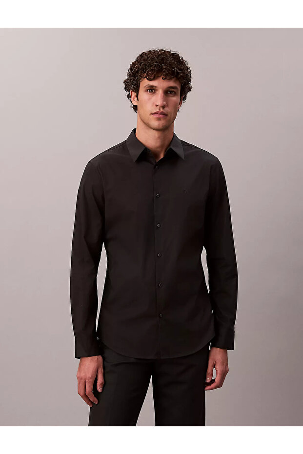Men's Brand Logo Shirt Collar Full Button Black Shirt