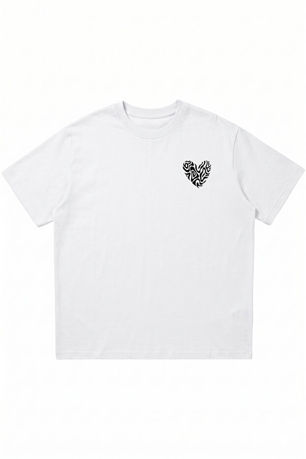 Black Patterned Heart Printed White Oversize Crew Neck T-Shirt