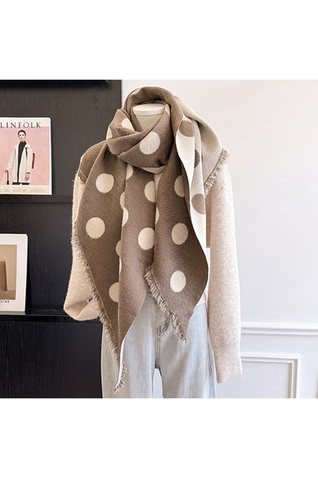Khaki 2025 Luxury Brand Women's Cashmere Scarf - Winter Warm Tasseled Striped & Polka Dot Printed Pa