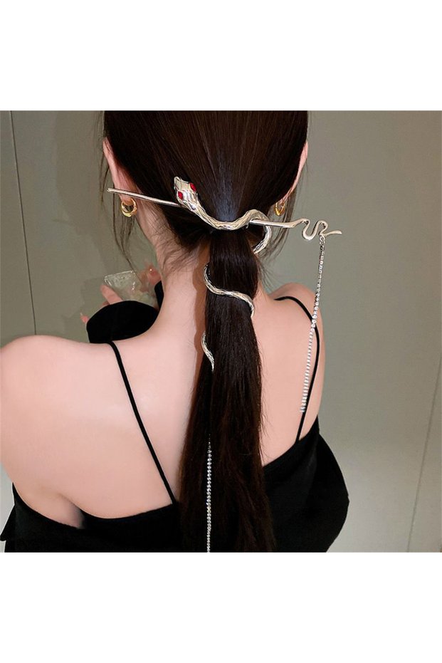1 Korean Snake Rhinestone Hair Stick Women Hair Fork Sweet Hairpin Twine Warp Elegant Long Tassel S.