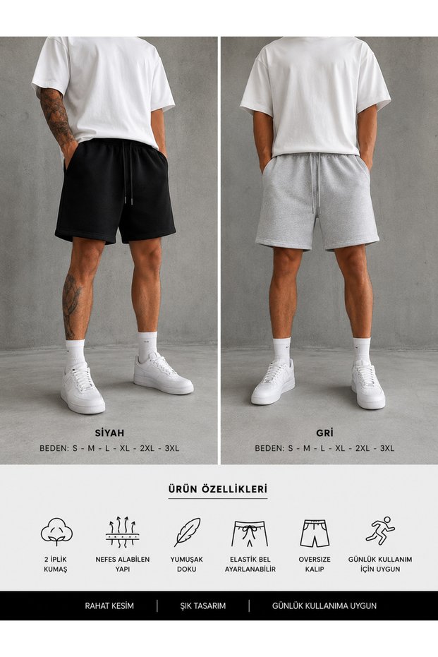 2-Piece Shorts for Men (Black-Grey) Summer Wide Fit Oversize Washable Fabric Anti-Sweat