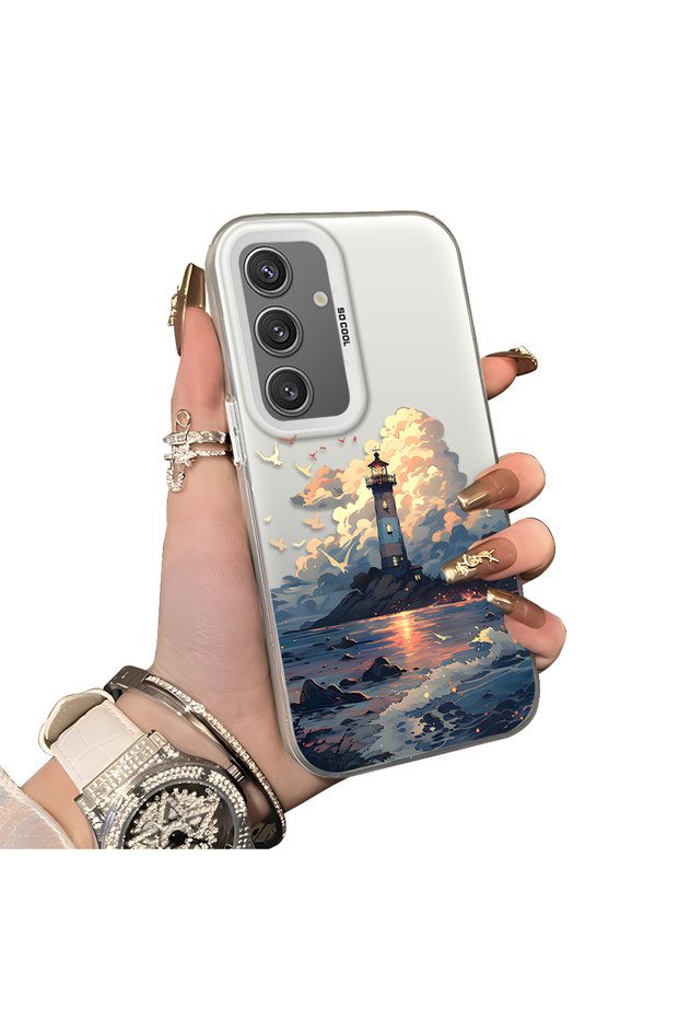 Samsung Galaxy S24 Compatible Silicone Edge Hard Back Case Couple Phone Case Tower Pattern