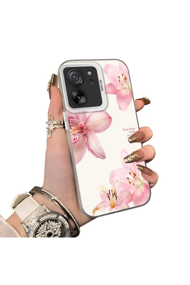 Mi 13t Pro Compatible Silicone Edge Hard Back Case Couple Phone Case with Floral Pattern