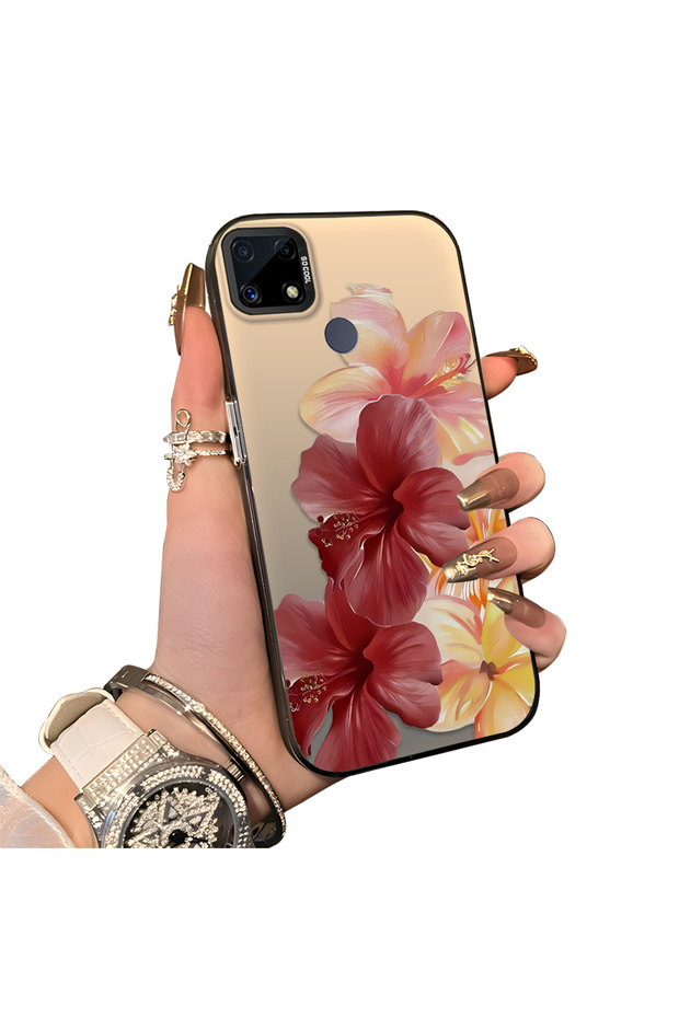 Realme C25S Compatible Silicone Edge Hard Back Case Couple Phone Case with Floral Pattern
