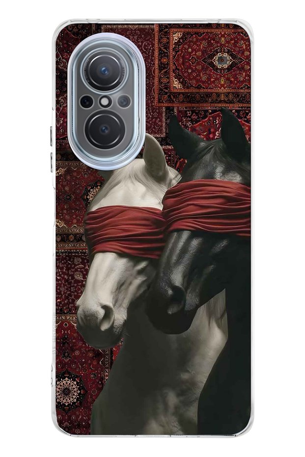 Huawei Nova 9 Se Compatible Transparent Phone Case with Carpet Background and Horse Artistic Pattern