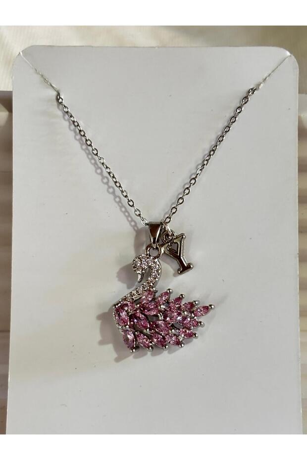 316L Steel Pink Zircon Stone Swan Letter Y Necklace