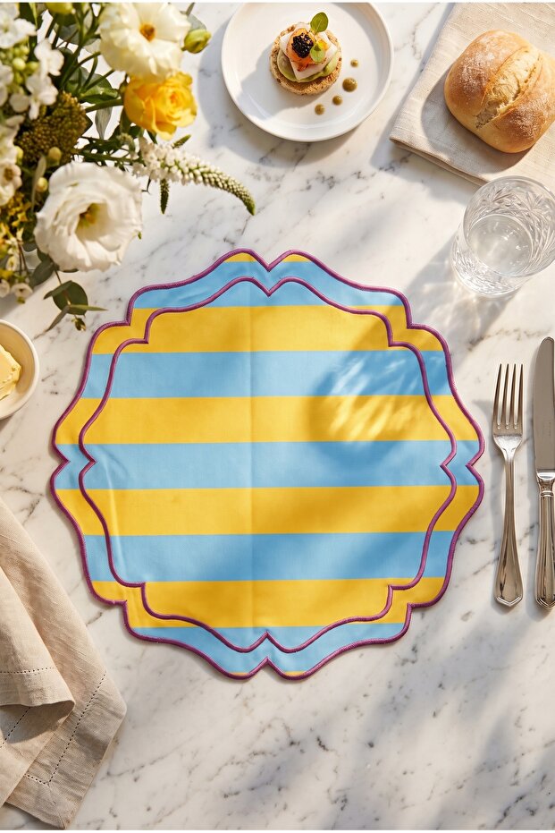 4-Piece Blue Embroidered Striped Linen Placemat Set | Stain Resistant | Modern Table Decor