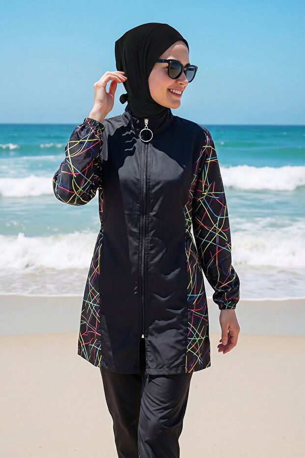 3-Piece Set Low-Shoulder Front Zipper Burkini with Elastic Back and Slits, Hijab Swimsuit D34