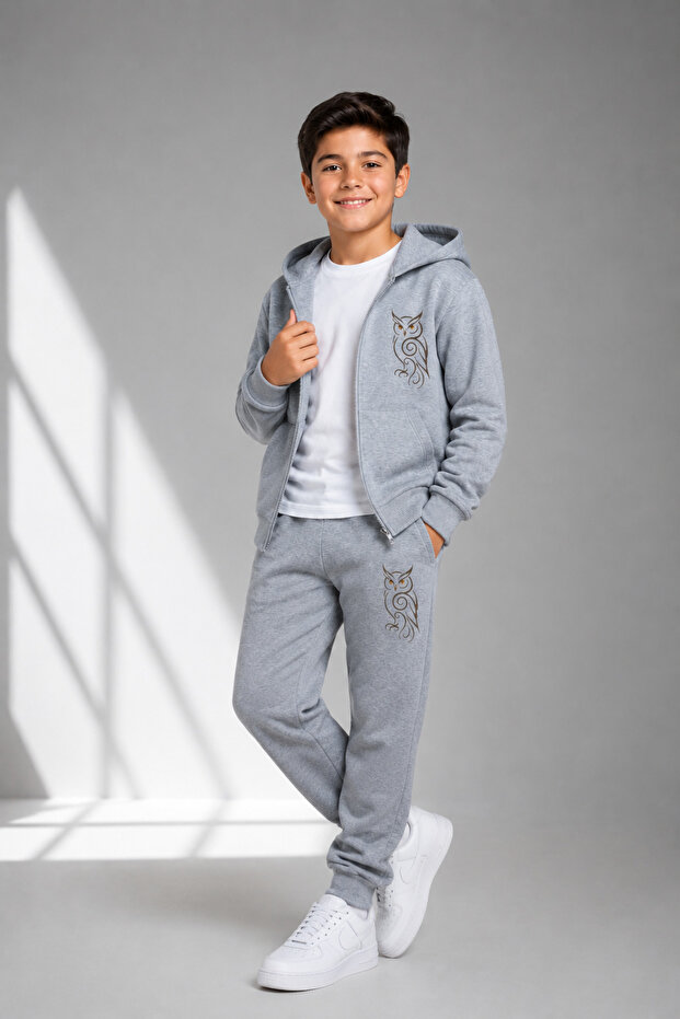 Owl Printed Zippered Boys' Top and Bottom Tracksuit Set