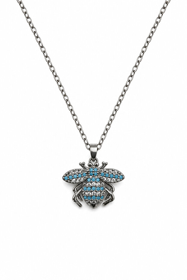 Gray Steel Necklace with Bee Figure and Turquoise Stone