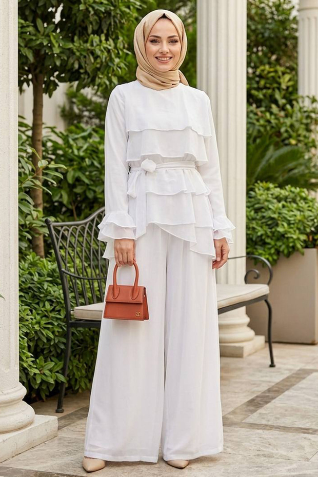 Tulle Modal White Ruffled Hijab Double Set 95723B
