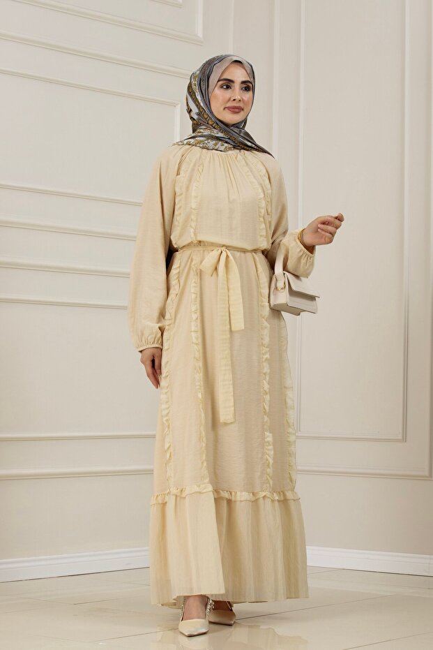 Ruffle Detailed Belted September Dress-Beige
