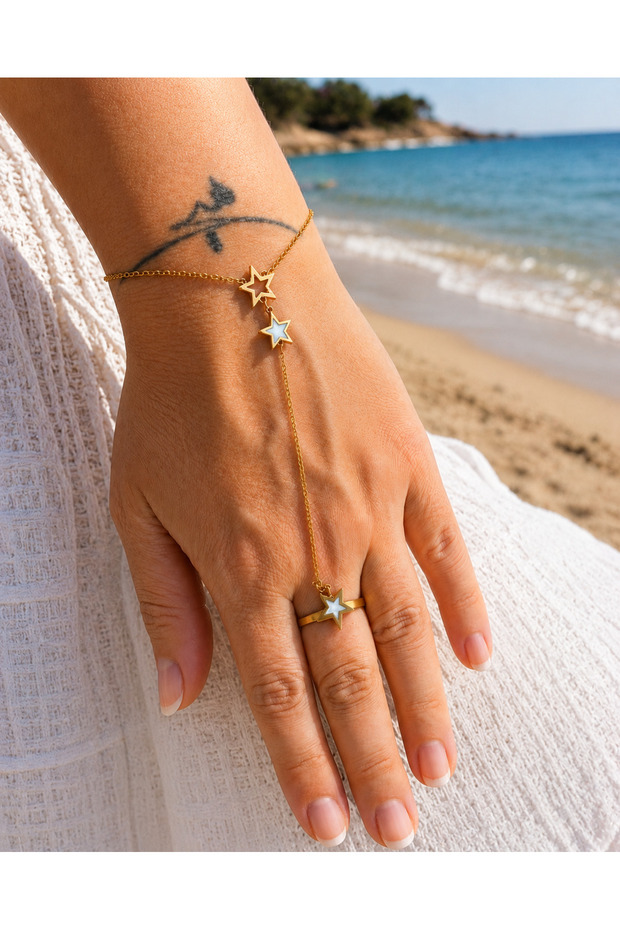Star Detailed Shahmeran Bracelet with Adjustable Ring Hand Accessory
