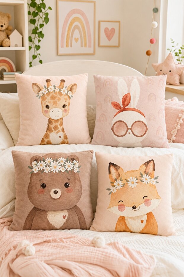 Crowned Animal Friends Patterned 4-Piece Children's and Baby Pillowcase Set