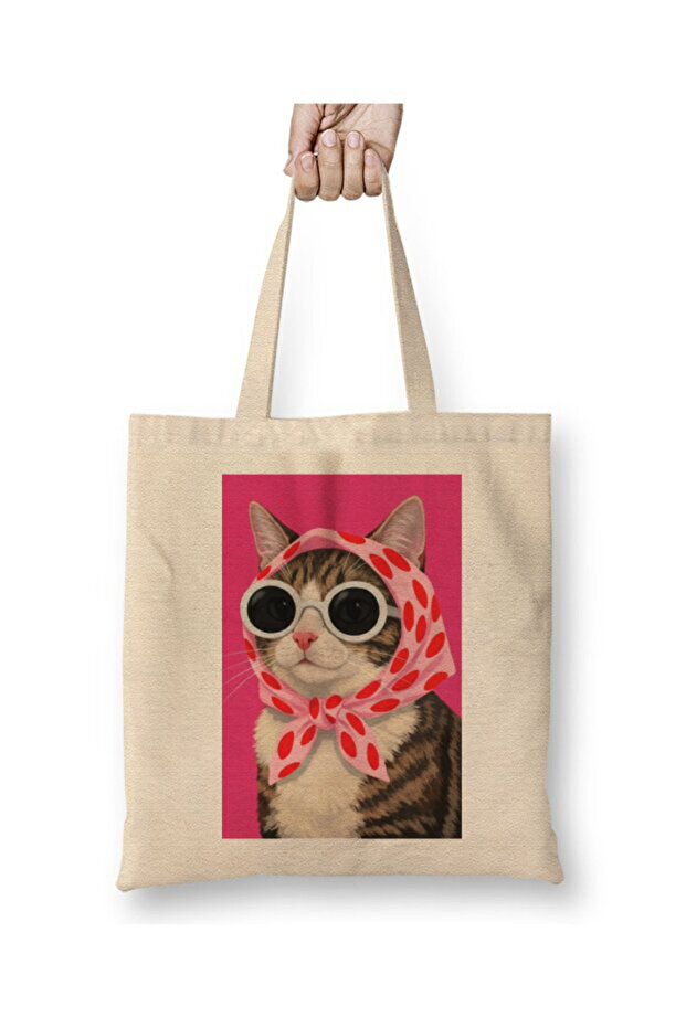 Cat with Scarf Cat Funny White Tote Bag Long Handle Shopping Bag Beach Bag