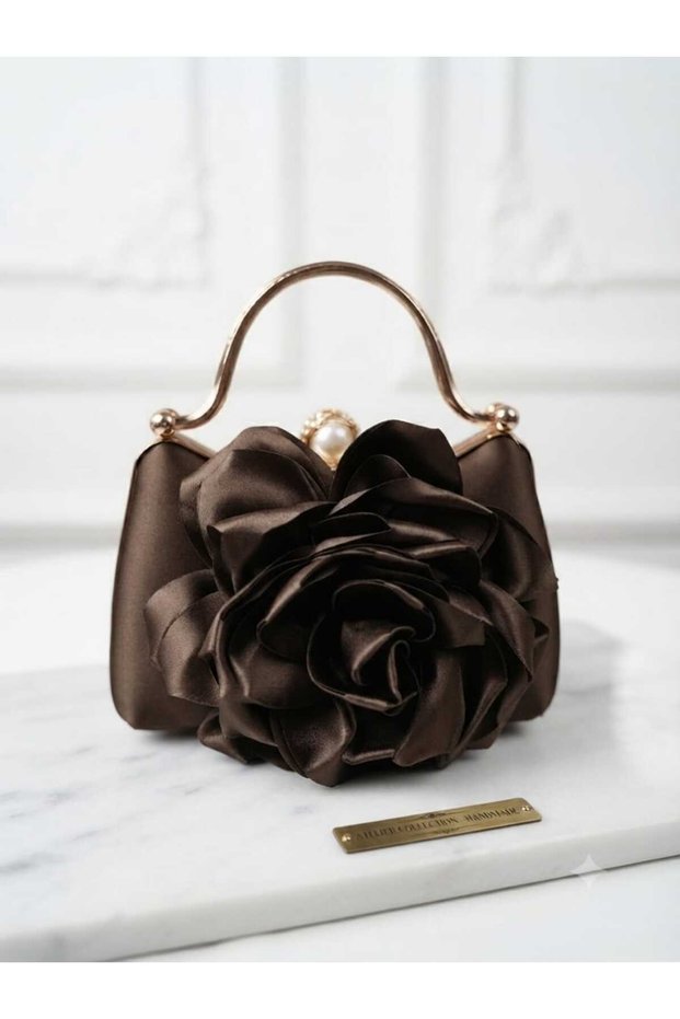 Rose Evening Dress Bag, Brown Color, Special Model, Stone-Embellished Handle Evening Dress Bag, Handbag, Pearl Stone Evening Dress Stylish Bag
