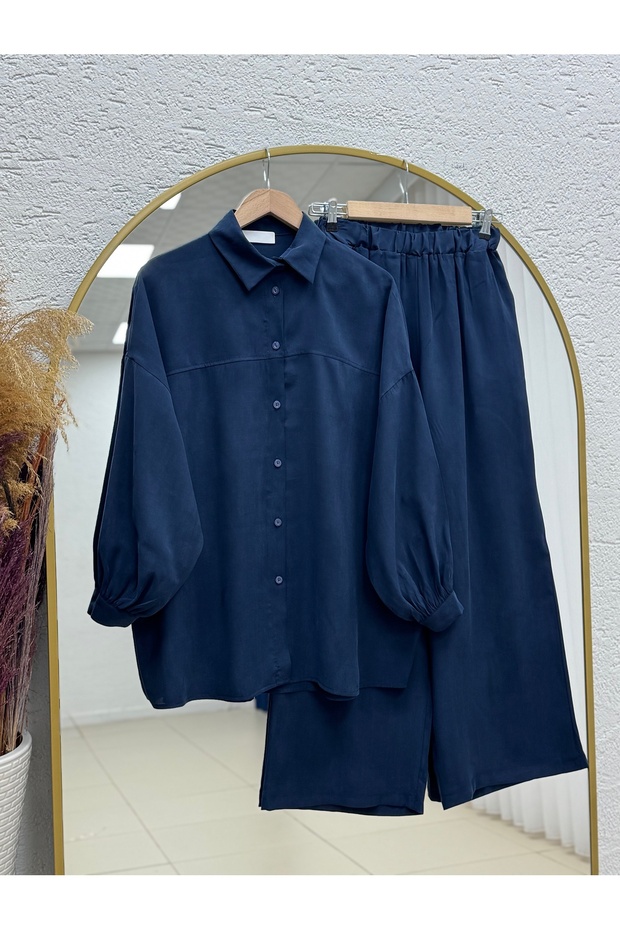Aliye Low Sleeve Oversize قماش مودال Cupra بدلة مع بنطلون -EK480.2 أزرق داكن