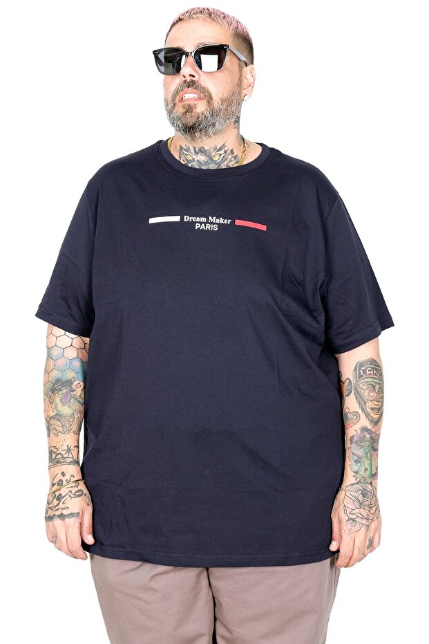 Mode XL Large Size T-Shirt Bıs Yaka Dream U26126 Dark Blue