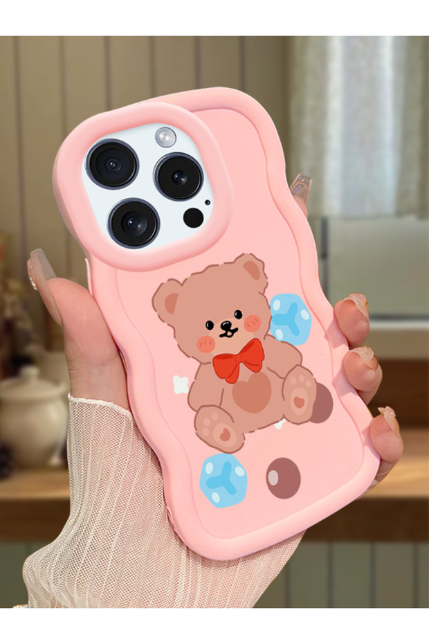 iPhone 16 Pro Max Compatible Case with Camera Protector Pink Silicone Couple Phone Case Bear Pattern