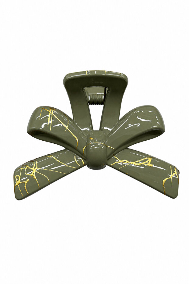 Khaki Green Bow Model Yellow Patterned Large Size Hair Clip with Latch Claw Clip
