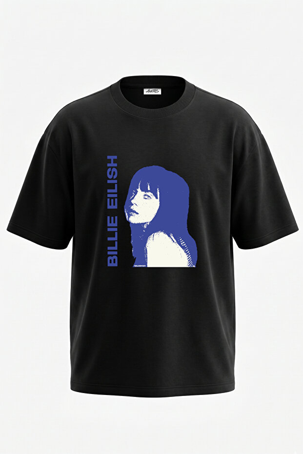تي شيرت أسود كبير الحجم مطبوع بتصميم Billie Eilish_11 للجنسين
