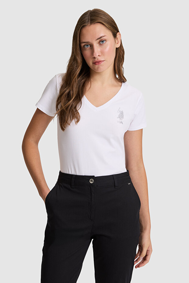 Women's White V-Neck Basic T-Shirt 50321817-Vr013