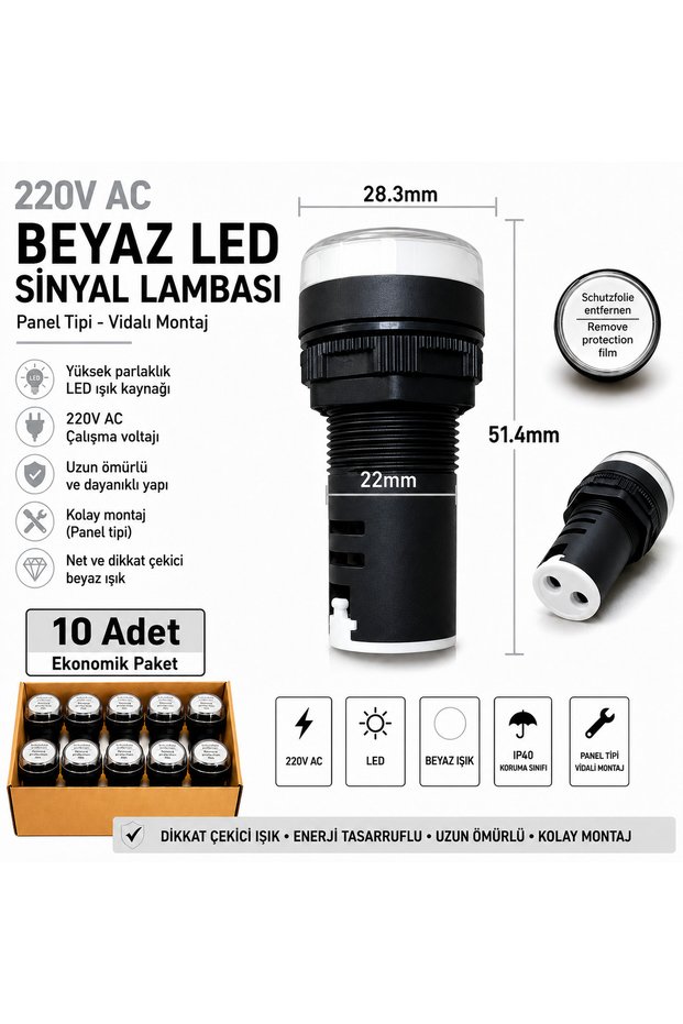 BEYAZ LED SİNYAL LAMBASI - 10 ADET