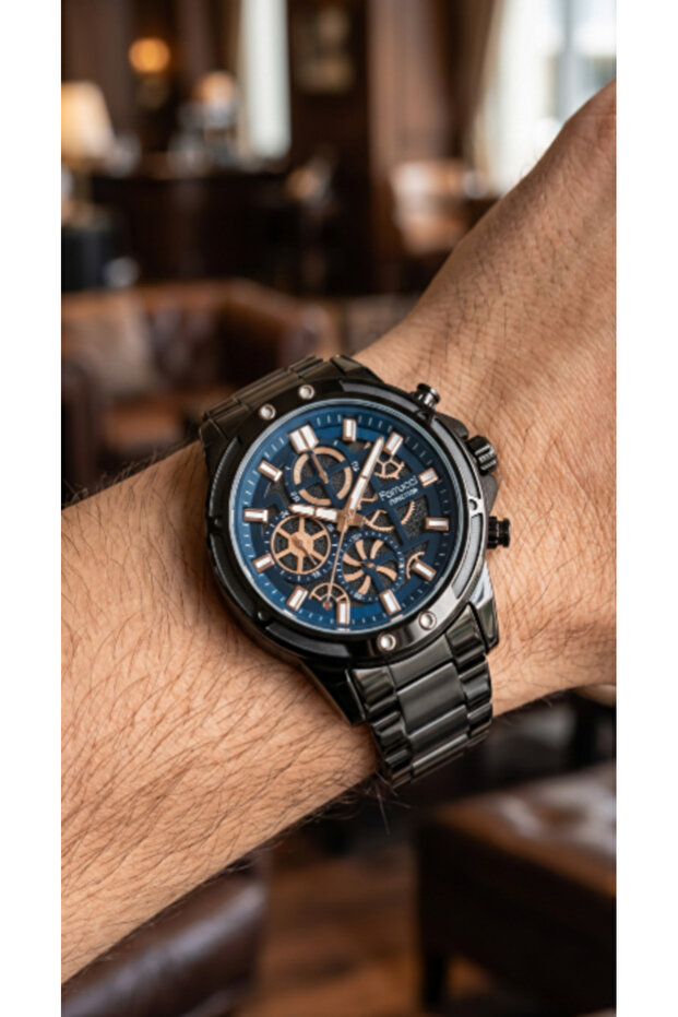 Black Color Functional Steel Case Men's Wristwatch