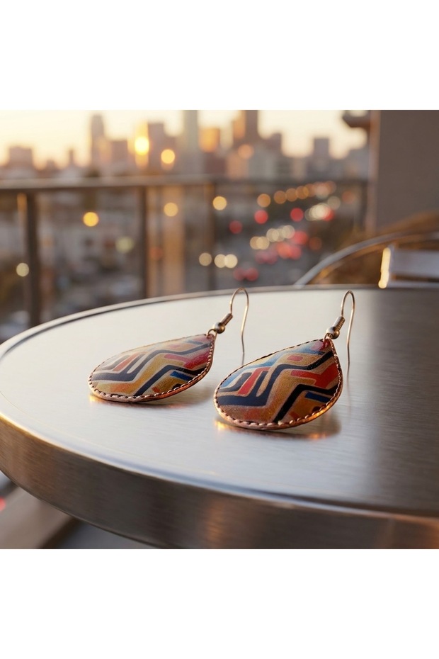 100% Handmade Copper | Copper Orange Navy Blue Geometric Patterned Dangle Earrings | 100% Handmade Look