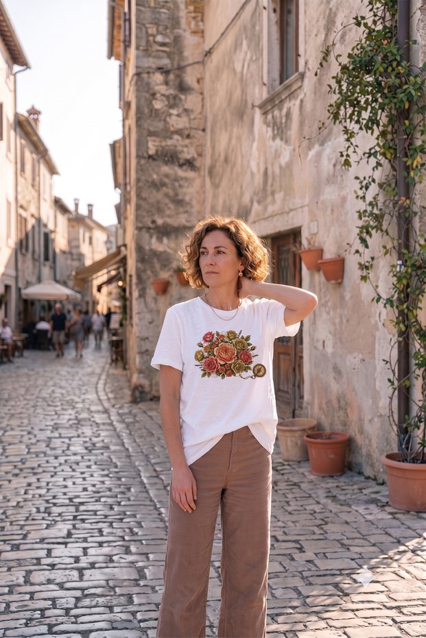 Vintage Rose Bouquet Printed White Women's T-Shirt Flower and Compass Cotton T-Shirt